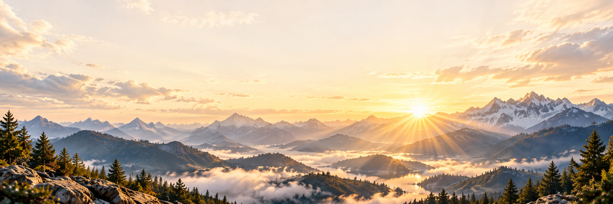 Golden sunrise over blue mountain peaks and a misty valley